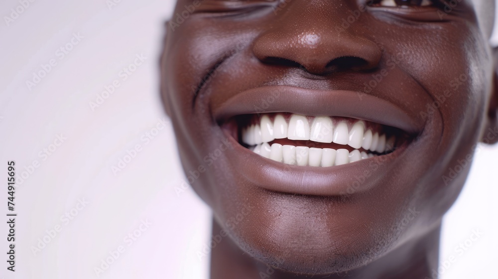 Beaming orthodontic white wide male smile. African American man with healthy straight clean teeth isolated on grey background, tooth healthcare whitening dentistry concept. AI Generated Beaming orthodontic white wide male smile. African American man with healthy straight clean teeth isolated on grey background, tooth healthcare whitening dentistry concept. AI Generated