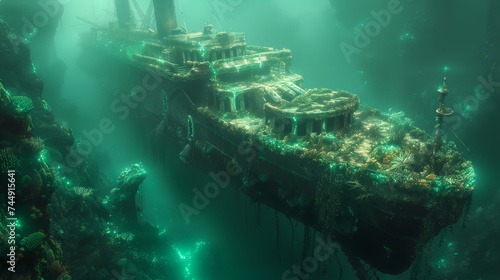 Sunken Ship Sanctuary: Underwater Ecosystem Thriving Amongst Wreckage, wallpaper, background © Bogdan