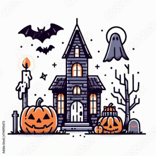 Halloween background with haunted house, pumpkins, ghosts and bats. Vector illustration.