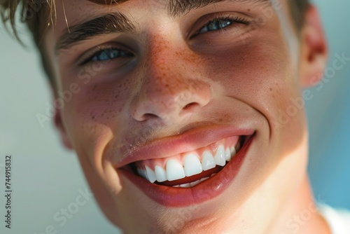 Closeup portrait of a happy smiling young man with shiny white teeth. Isolated on blue background. AI Generated 