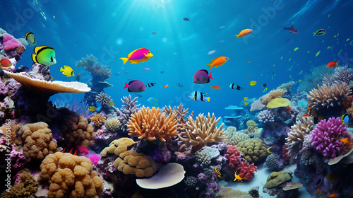 A vibrant coral reef teeming with marine life.