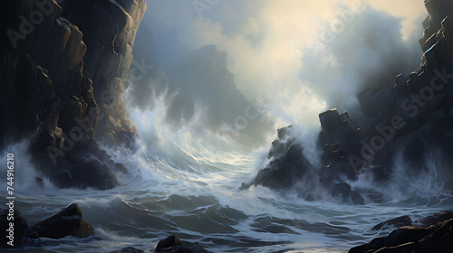 Waves crashing against rocky cliffs. photo