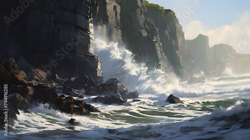Waves crashing against rocky cliffs.
