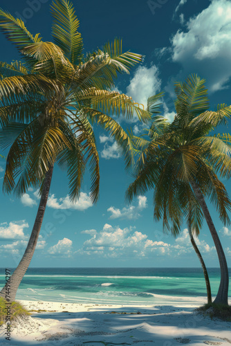 Beach with tropical palm trees sea and sky