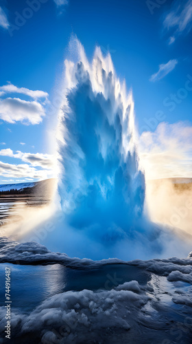 Epic display of geo-thermal power: A fierce Geyser eruption against the impartial blue sky
