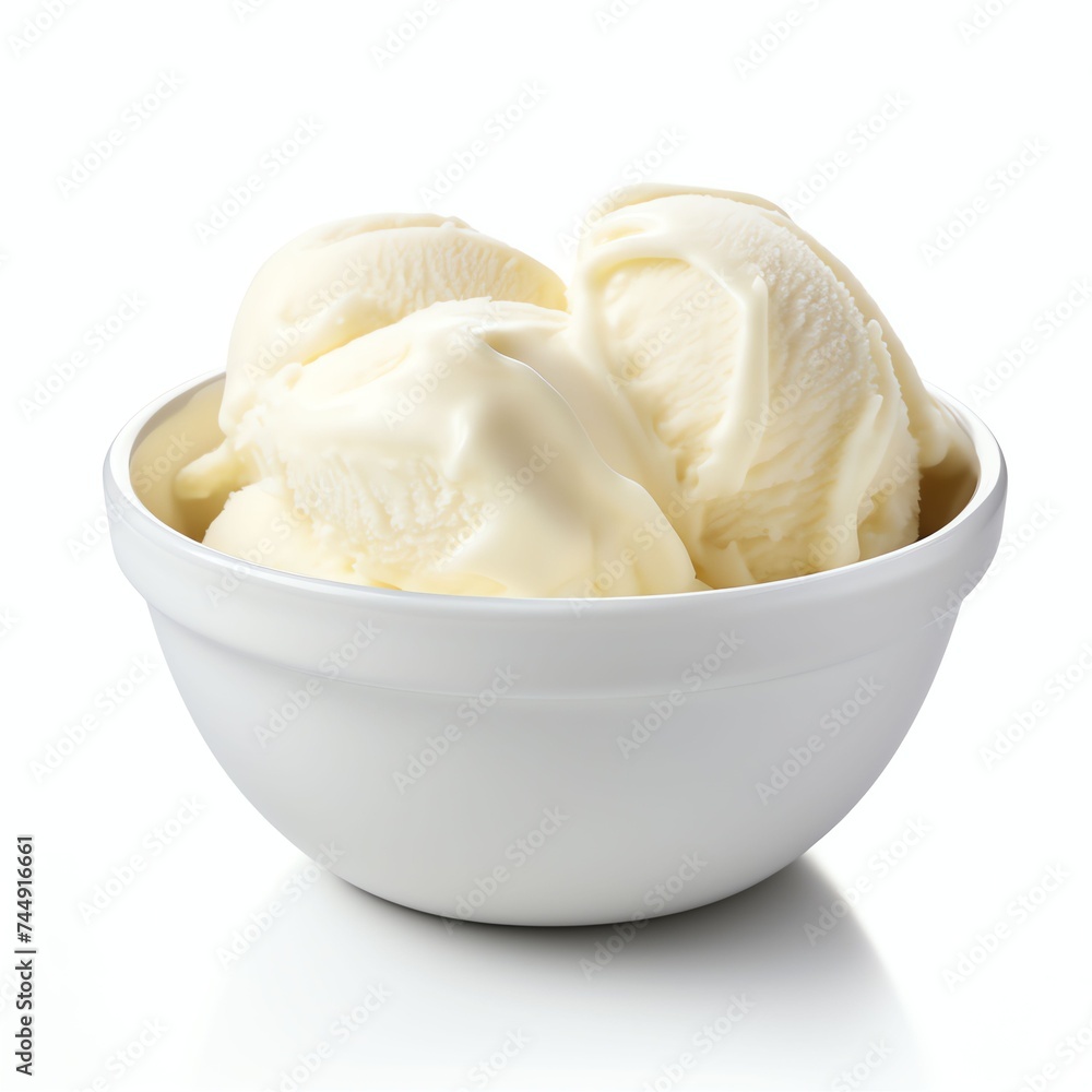 a tasty vanilla ice scoops in bowl, studio light , isolated on white background