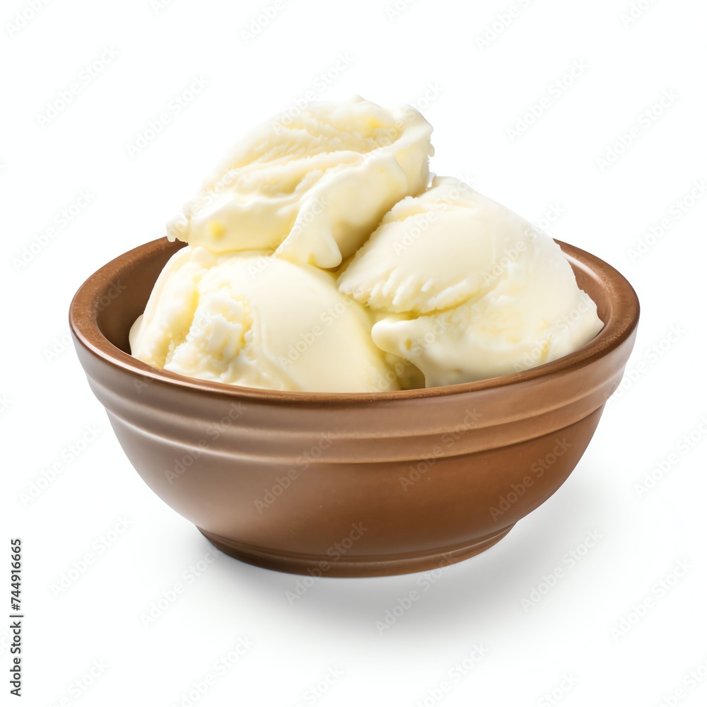 a tasty vanilla ice scoops in bowl, studio light , isolated on white background a tasty vanilla ice scoops in bowl, studio light , isolated on white background