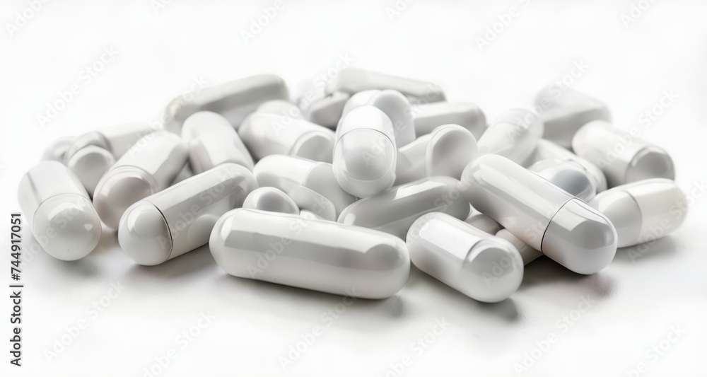 A collection of white capsules on a white background A collection of white capsules on a white background