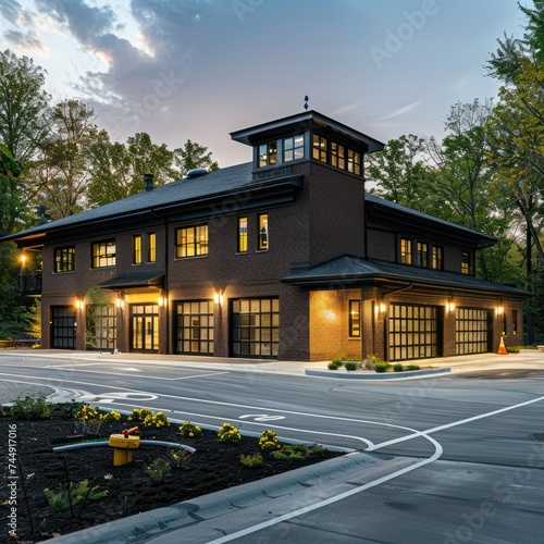 Dark Brick Fire Station and EMS with 5 Garage Bays: A Modern Hub for Emergency Services