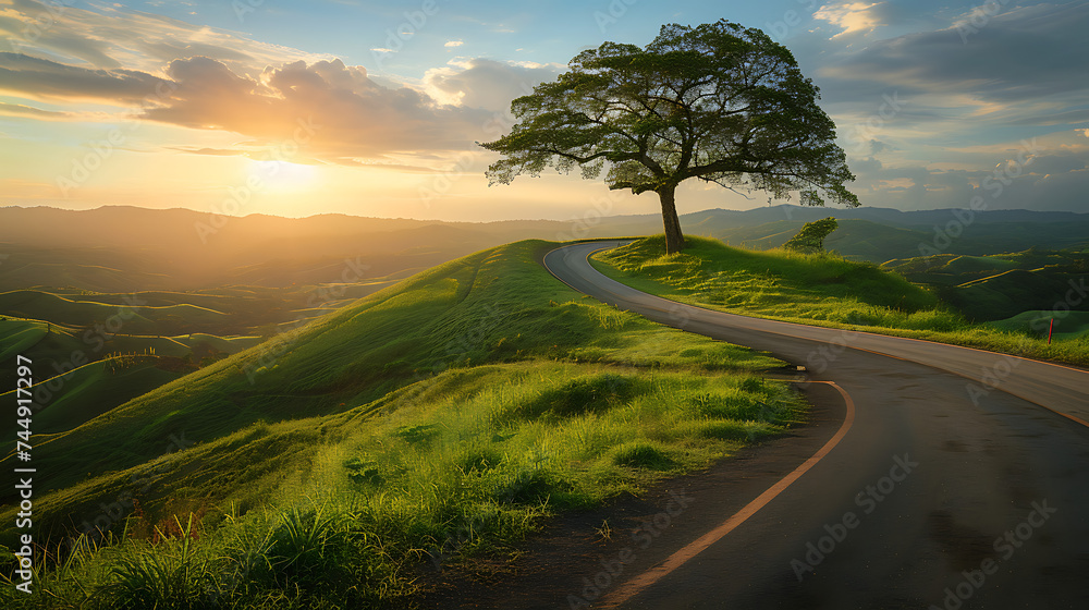Entre a curva da estrada o pôr do sol dourado colinas verdejantes e uma árvore alta acolhendo a mudança no ar - obrazy, fototapety, plakaty 