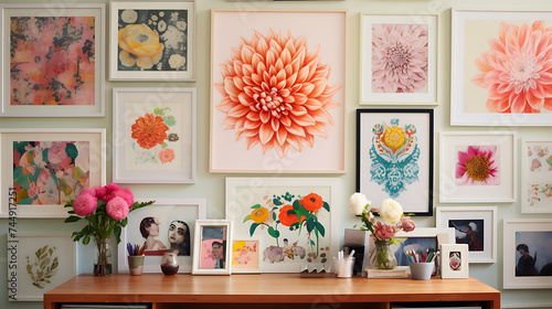 An eclectic office space with a gallery wall of mismatched frames and a vibrant bouquet of dahlias. © Muhammad