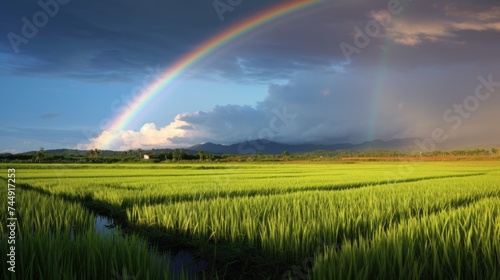 Rainbow over rice fields in the countryside