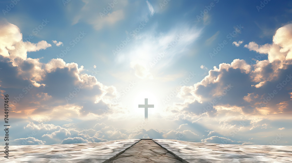 Christian cross appears in the sky background. Generative Ai illustration. - obrazy, fototapety, plakaty 