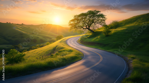 Entre a curva da estrada o pôr do sol dourado colinas verdejantes e uma árvore alta acolhendo a mudança no ar