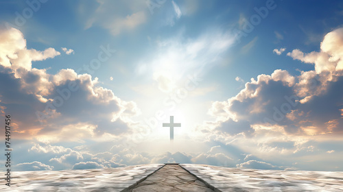Christian cross appears in the sky background. Generative Ai illustration. photo
