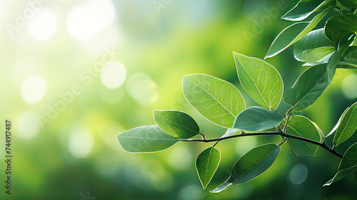 Nature green leaf background. Plant branch with green leaves on a bokeh background. Generative ai illustration.