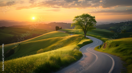 Entre a curva da estrada o pôr do sol dourado colinas verdejantes e uma árvore alta acolhendo a mudança no ar