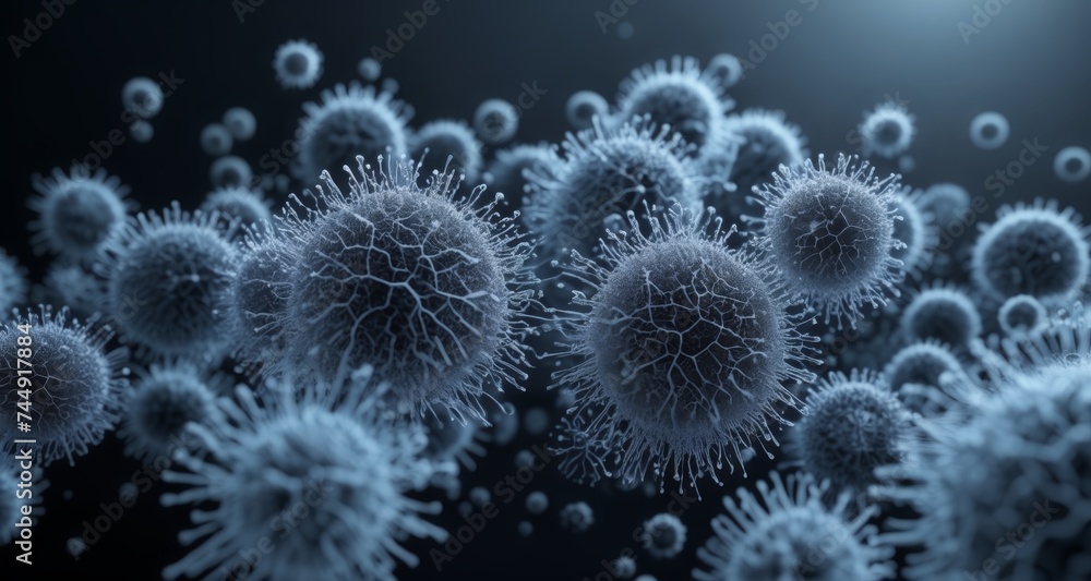 Fototapeta premium Viral particles in a microscopic view, representing a medical or scientific concept