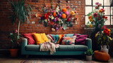 A bohemian living room with a tapestry on the brick wall and a bouquet of wildflowers in a colorful vase.