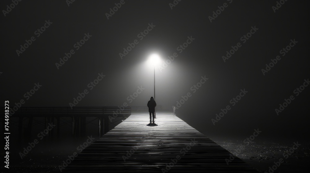 Solitary Figure on The Wooden Pier Glimpsed in Mist, Beneath an Amber Glow of a Lamp Post