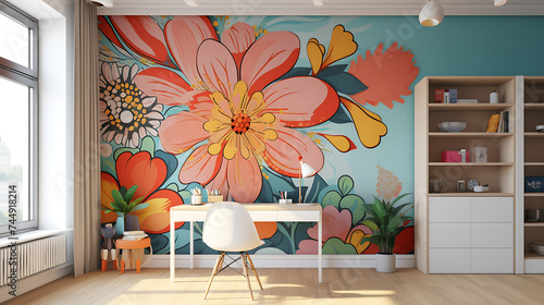 A child's room with a colorful cartoon mural on one wall and a playful flower bouquet on the desk.