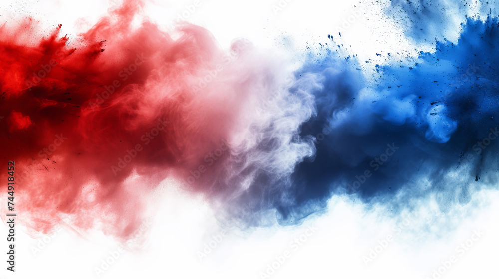 Fototapeta premium Labor day Red, White and Blue colored dust explosion background. Splash of American flag colors smoke dust on white background, Independence Day, Memorial Day patriotic abstract pattern