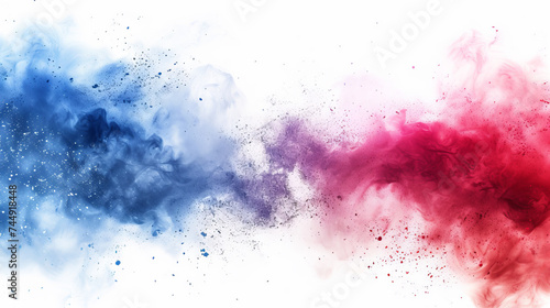 Labor day Red, White and Blue colored dust explosion background. Splash of American flag colors smoke dust on white background, Independence Day, Memorial Day patriotic abstract pattern © Mentari