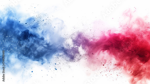 Labor day Red, White and Blue colored dust explosion background. Splash of American flag colors smoke dust on white background, Independence Day, Memorial Day patriotic abstract pattern