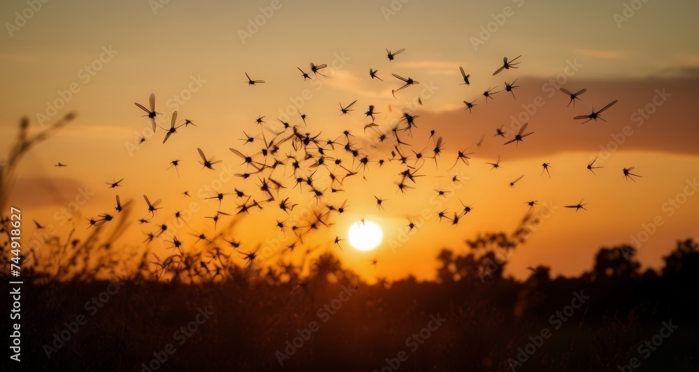  Nature's dance at sunset - A flock of birds silhouetted against the golden sky