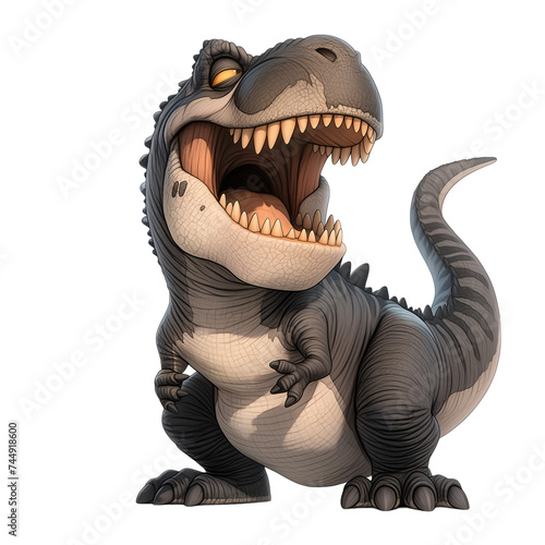 Isolated 3d cartoon funny dinosaur t-rex a white background. Sweet friendly cute dinosaur. A parody  a caricature. Isolated on white background as transparent PNG