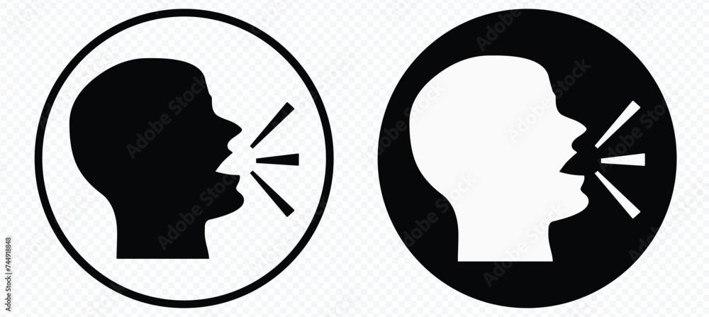 Voice control icon. Speak or talk recognition icon, sound commander or speech dictator head, vector illustration on white background Voice control icon. Speak or talk recognition icon, sound commander or speech dictator head, vector illustration on white background