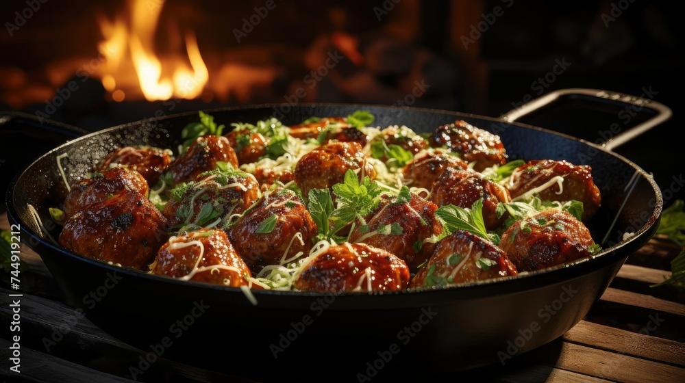 Front view of meatballs with melted tomato sauce on a bowl with a black and blur background Front view of meatballs with melted tomato sauce on a bowl with a black and blur background