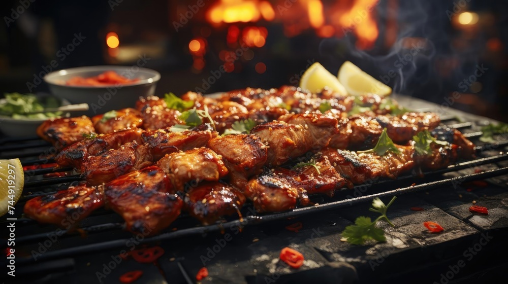 Delicious grilled yakitori with vegetable toppings, blur background,