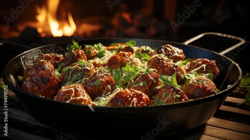 Front view of meatballs with melted tomato sauce on a bowl with a black and blur background