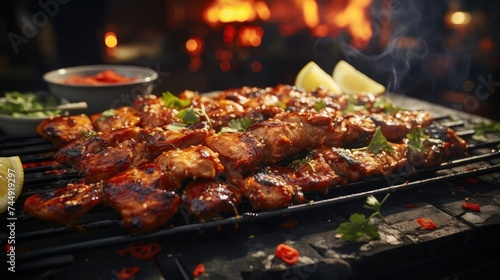 Delicious grilled yakitori with vegetable toppings  blur background 