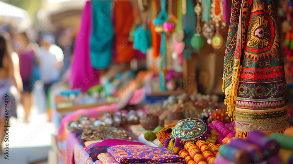 Um animado bazar com comida exótica artesanato tradicional e tecidos vibrantes proporcionando uma atmosfera festiva e diversificada