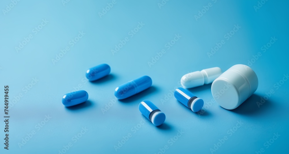 A collection of blue and white capsules on a blue background A collection of blue and white capsules on a blue background