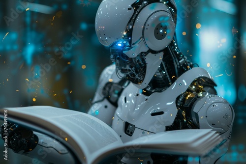 Machine Learning Concept: The Humanoid Robot Reading and Illuminating Minds in a High-Tech Library © Moesy-TM