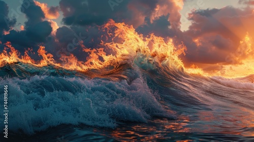 Blazing Waves: A Stunning Display of Daylight Blue and Fiery Flames