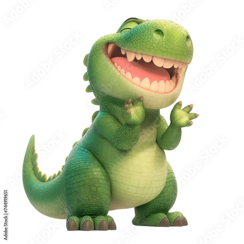 Isolated 3d cartoon funny dinosaur t-rex a white background. Sweet friendly cute dinosaur. A parody  a caricature. Isolated on white background as transparent PNG