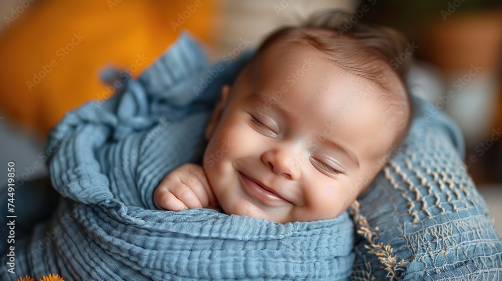 Portrait of smiling newborn baby wrapped in blue blanket Portrait of smiling newborn baby wrapped in blue blanket