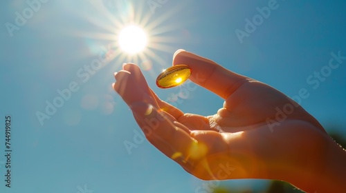 A girl holding a vitamin D tablet over a setting of a blue sky with natural daylight and space, Generative AI. photo