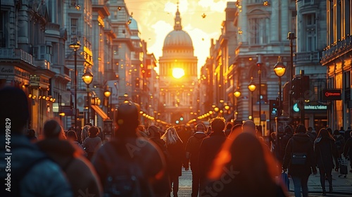 People in London street bokeh at sunset