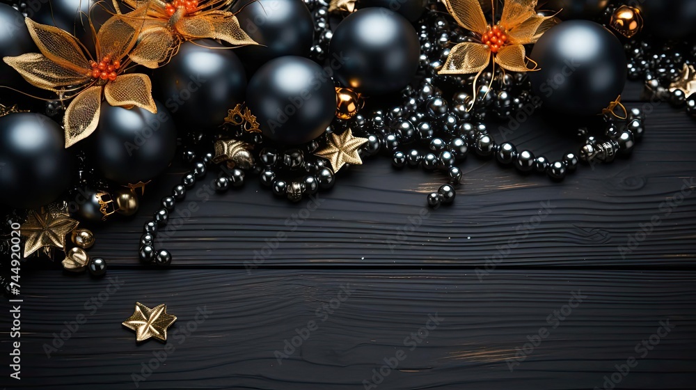 Naklejka premium Top view of Christmas decorations with light bulb ornaments and plants,