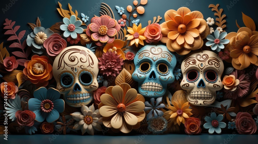 day of the dead background with floral ornaments and skulls for banners or posters,