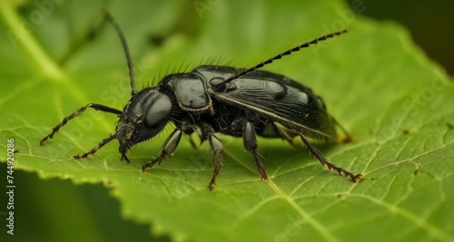  Close-up of a black beetle on a green leaf © vivekFx