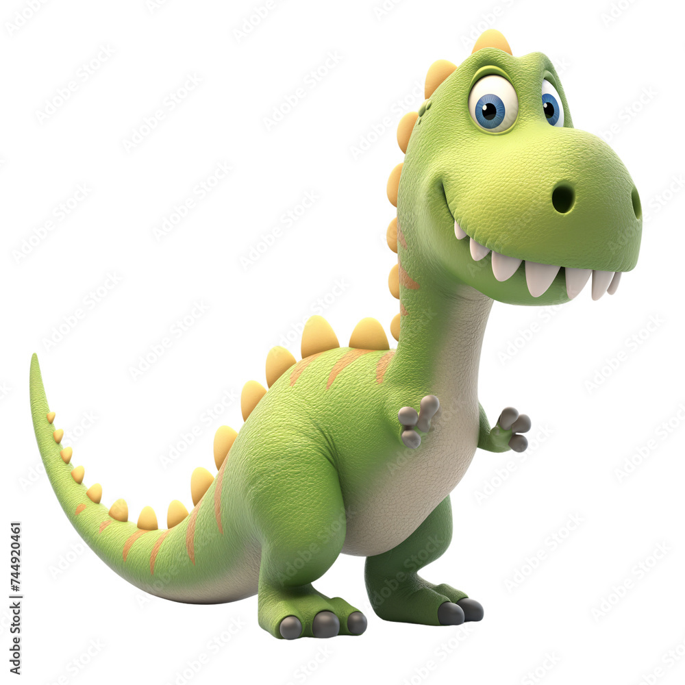 Fototapeta premium Isolated 3d cartoon funny dinosaur t-rex a white background. Sweet friendly cute dinosaur. A parody, a caricature. Isolated on white background as transparent PNG