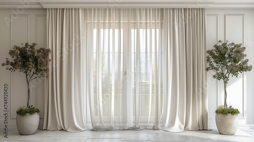 White luxury curtains for doors and windows home decorations for living room and modern style, empty modern room with the tree vase, © SongMin