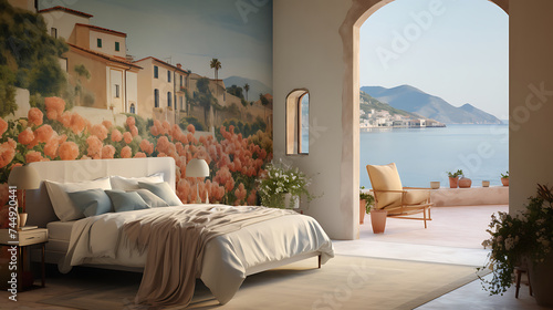 A Mediterranean-inspired bedroom with a mural of a seaside village on the terracotta wall and a bouquet of olive branches. © Muhammad