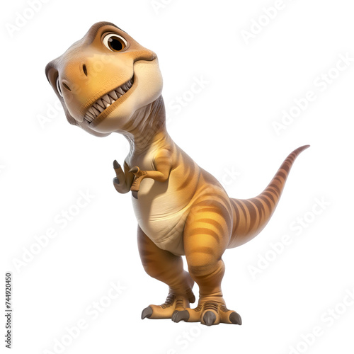 Isolated 3d cartoon funny dinosaur t-rex a white background. Sweet friendly cute dinosaur. A parody, a caricature. Isolated on white background as transparent PNG
